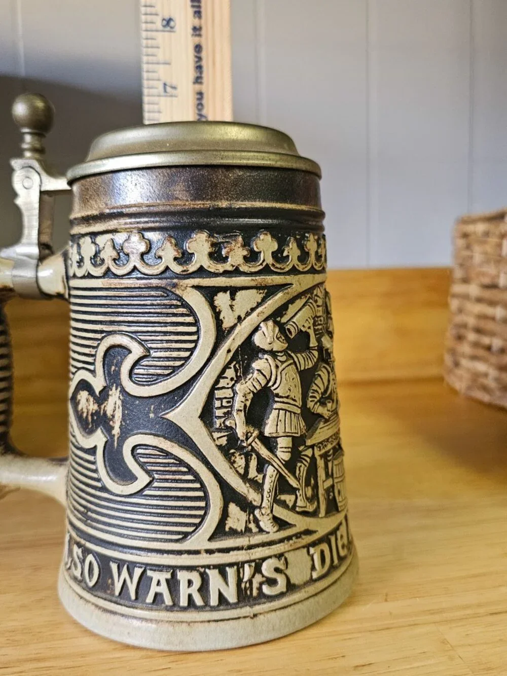 Vtg Gerz German Salt Glaze Stoneware Lidded Beer Stein Knighthood Pewter Lid